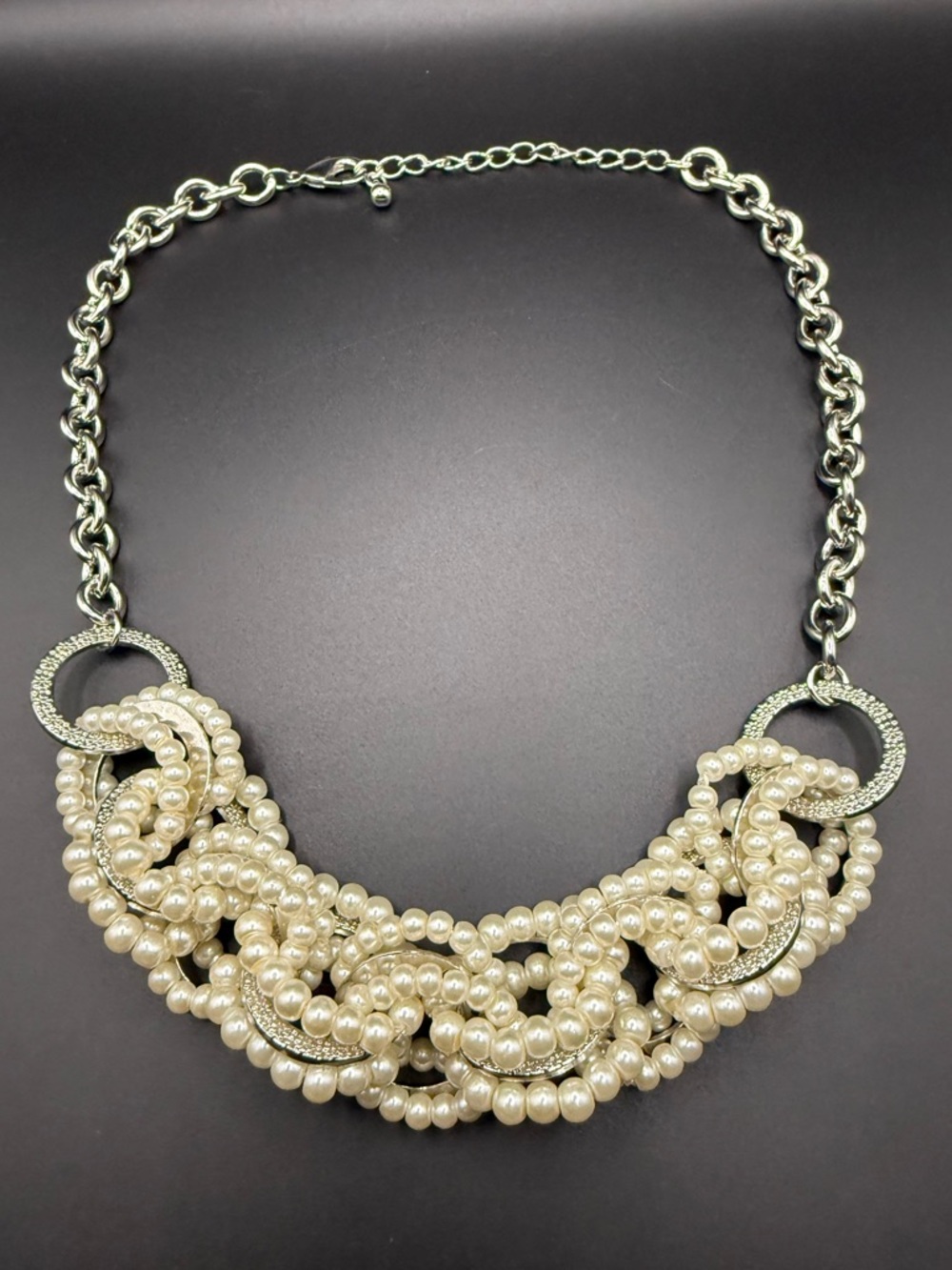 Unique Faux Pearl and Silver Tone Rhinestone Cluster Statement Necklace